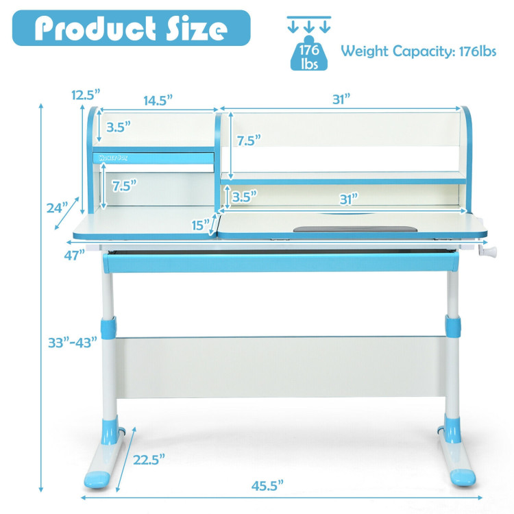 Adjustable Height Study Desk with Drawer and Tilted Desktop for School and Home-BlueCostway Gallery View 4 of 12