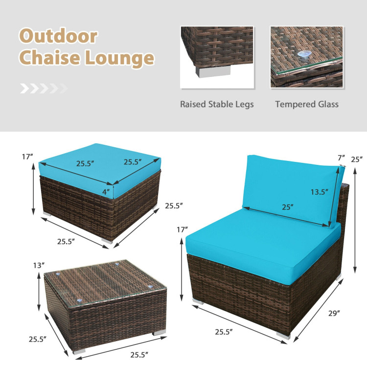 5Pcs Patio Rattan Wicker Furniture Set Armless Sofa Ottoman Cushioned-TurquoiseCostway Gallery View 4 of 12