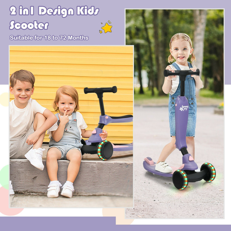 2-in-1 Kids Kick Scooter with Flash Wheels for Girls and Boys from 1.5 to 6 Years Old-PurpleCostway Gallery View 8 of 10