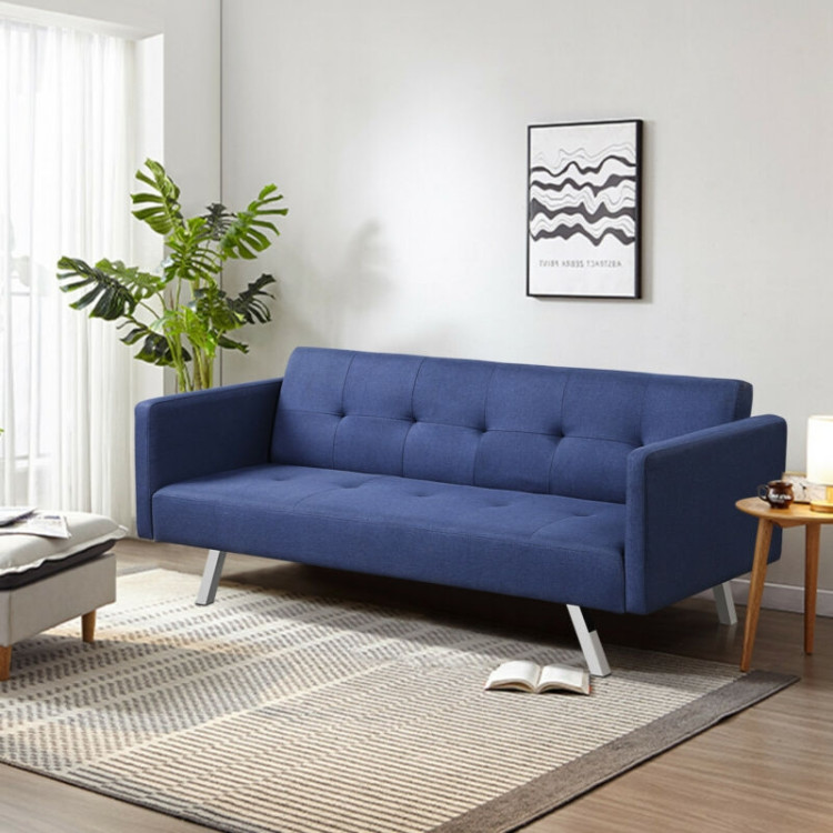 3 Seat Convertible Linen Fabric Futon Sofa with USB and Power Strip-BlueCostway Gallery View 1 of 12