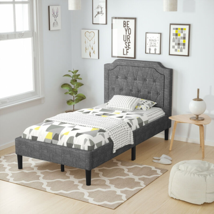 Linen Twin Upholstered Platform Bed with Frame Headboard Mattress FoundationCostway Gallery View 2 of 12