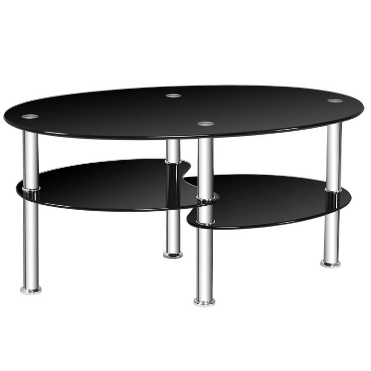 Tempered Glass Oval Side Coffee Table-BlackCostway Gallery View 1 of 11