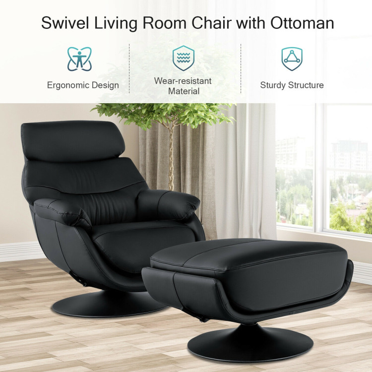 360° Swivel Leather Lounge Chair with Ottoman and Thick Footstool-BlackCostway Gallery View 2 of 12
