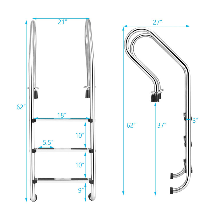 3-Step Stainless Steel Non-Slip Swimming Pool LadderCostway Gallery View 6 of 12