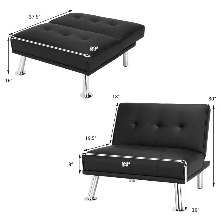 Folding PU Leather Single Sofa with Metal Legs and Adjustable Backrest-BlackCostway Gallery View 4 of 12