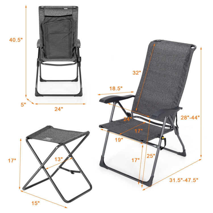 4 Pieces Patio Adjustable Back Folding Dining Chair Ottoman Set-GrayCostway Gallery View 4 of 12