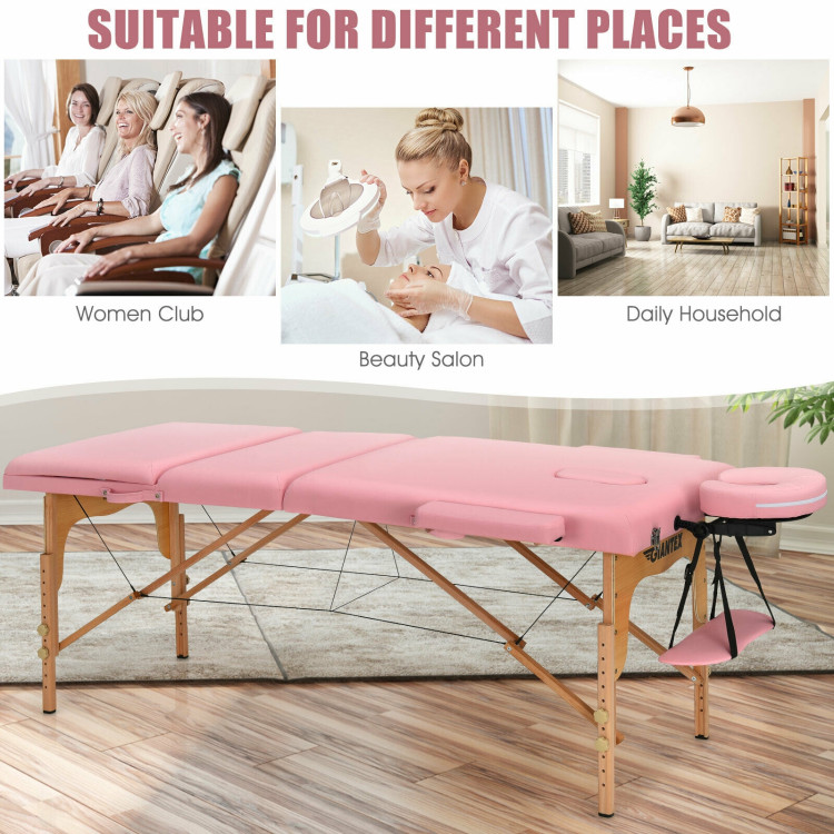 3 Fold Portable Adjustable Massage Table with Carry Case-PinkCostway Gallery View 2 of 12