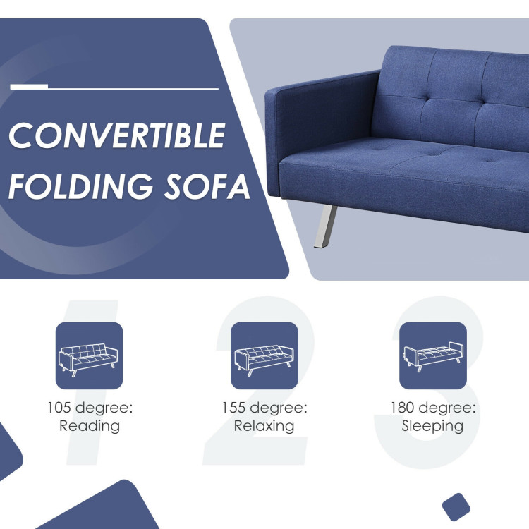 3 Seat Convertible Linen Fabric Futon Sofa with USB and Power Strip-BlueCostway Gallery View 11 of 12