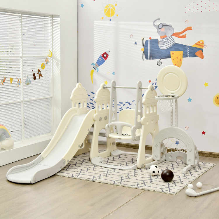 6-in-1 Slide and Swing Set with Ball Games for Toddlers-WhiteCostway Gallery View 2 of 12
