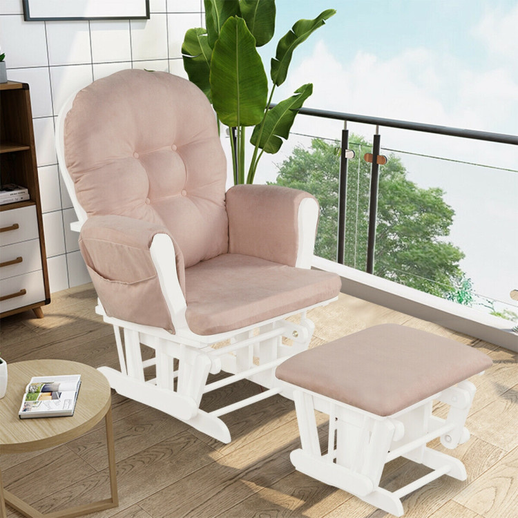 Wood Glider and Ottoman Set with Padded Armrests and Detachable Cushion-PinkCostway Gallery View 6 of 11