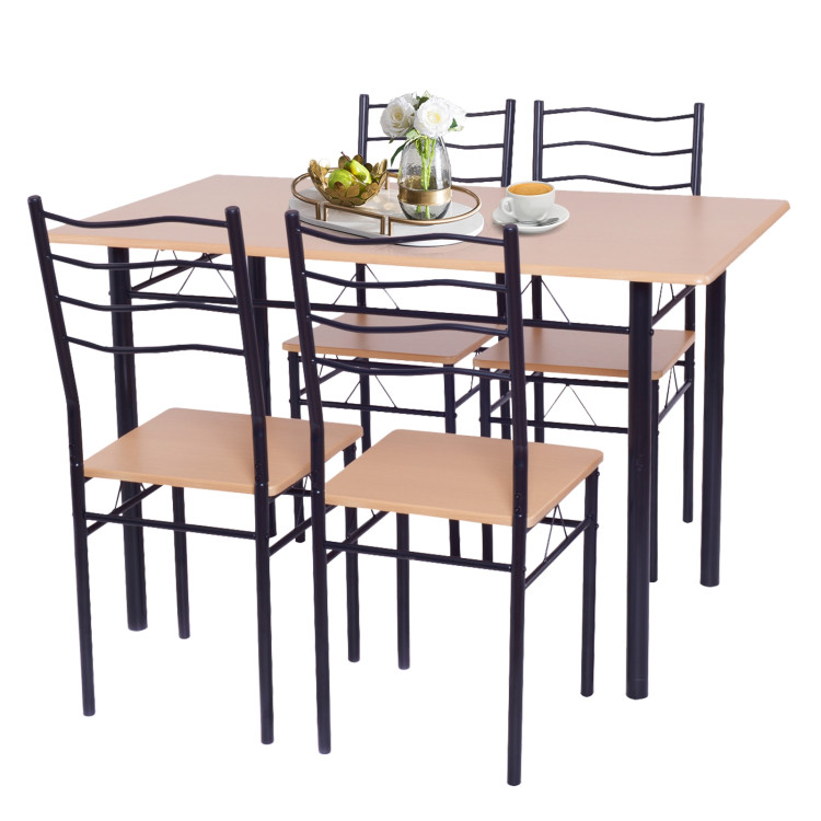 5 Pieces Wood Metal Dining Table Set with 4 Chairs-NaturalCostway Gallery View 8 of 11