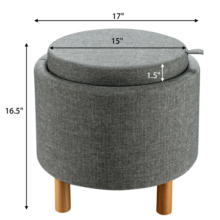 Round Fabric Storage Ottoman with Tray and Non-Slip Pads for Bedroom-GrayCostway Gallery View 5 of 9