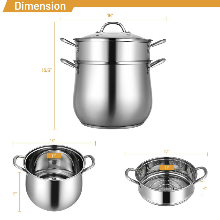 2-Tier Steamer Pot Saucepot Stainless Steel with Tempered Glass LidCostway Gallery View 4 of 12