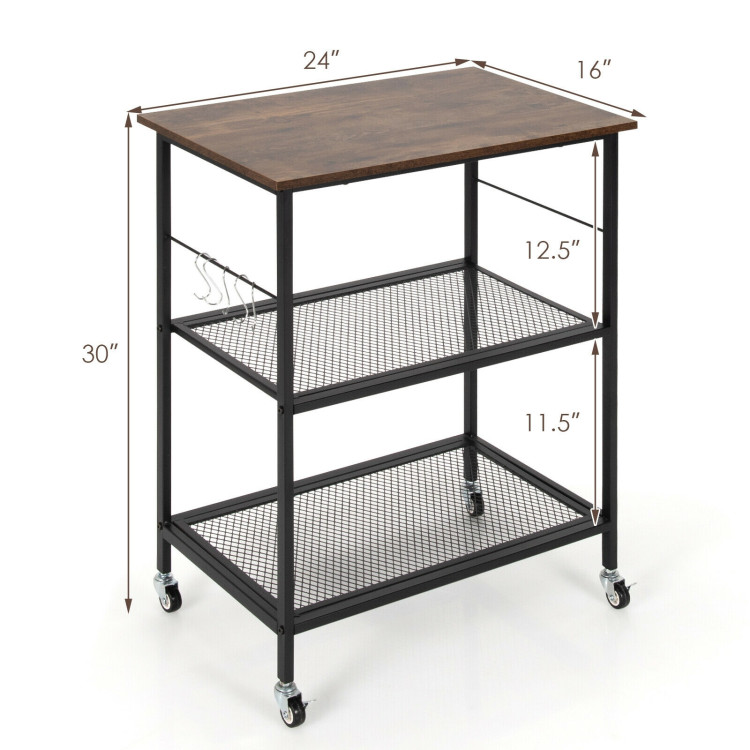 3-Tier Kitchen Serving Cart Utility Standing Microwave Rack with Hooks BrownCostway Gallery View 4 of 12
