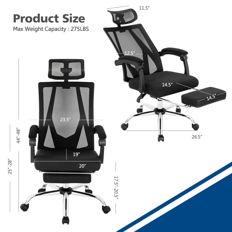 Ergonomic Recliner Mesh Office Chair with Adjustable Footrest-BlackCostway Gallery View 4 of 12