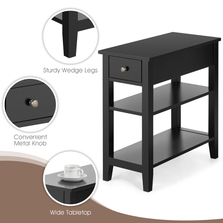 3-Tier Nightstand Bedside Table Sofa Side with Double Shelves Drawer-BlackCostway Gallery View 5 of 10