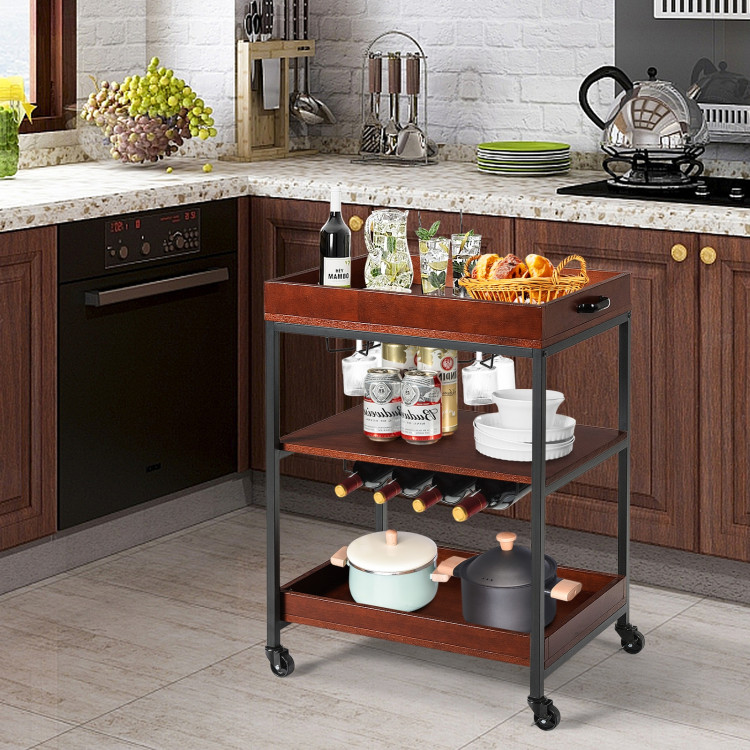 3 Tiers Kitchen Island Serving Bar Cart with Glasses Holder and Wine Bottle RackCostway Gallery View 7 of 11