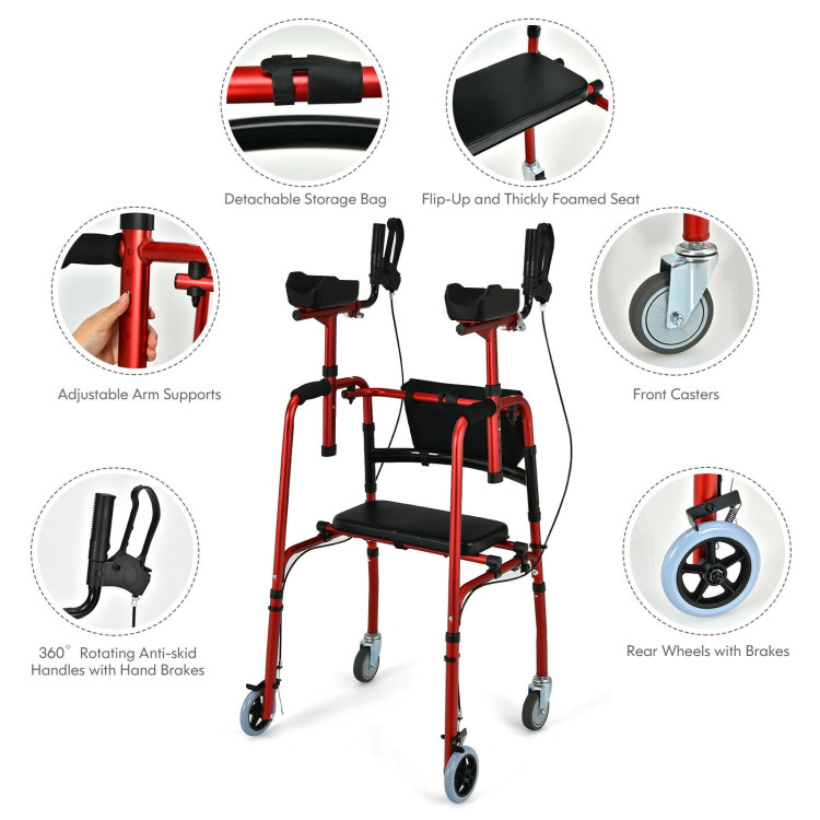  Folding Auxiliary Walker Rollator with Brakes Flip-Up Seat Bag Multifunction-RedCostway Gallery View 6 of 12