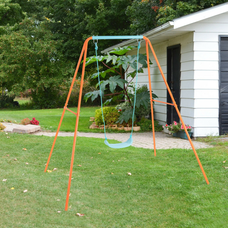 Outdoor Kids Swing Set with Heavy-Duty Metal A-Frame and Ground Stakes-OrangeCostway Gallery View 1 of 12