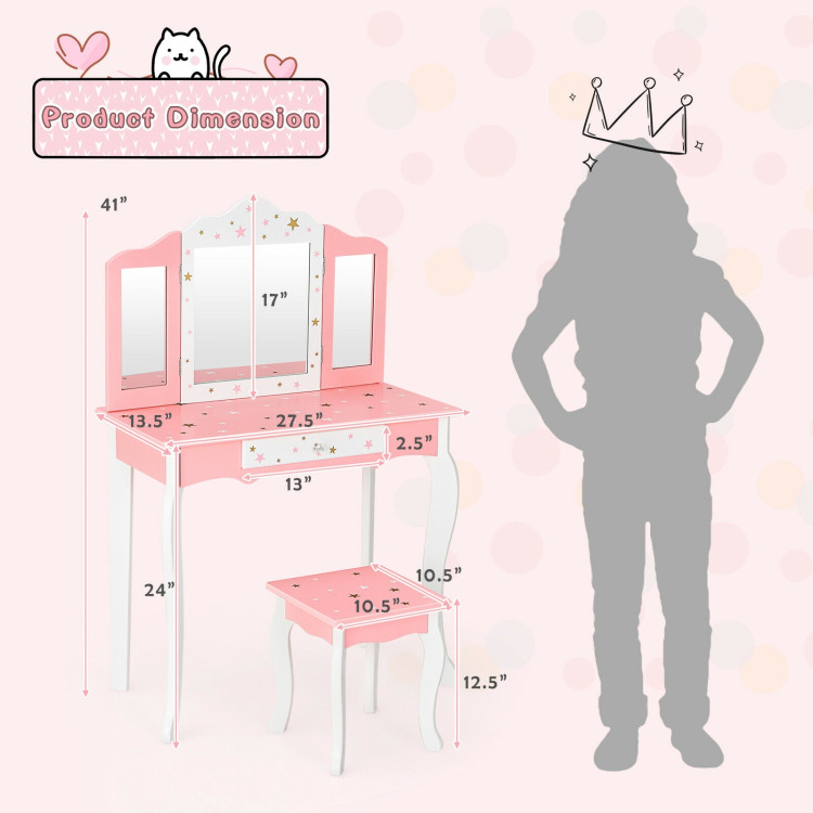 Kids Princess Vanity Table and Stool Set with Tri-folding Mirror and Drawer-PinkCostway Gallery View 4 of 12