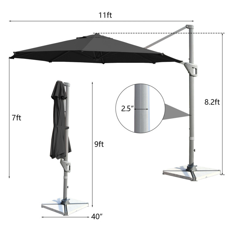 11ft Patio Offset Umbrella with 360° Rotation and Tilt System-GrayCostway Gallery View 4 of 12