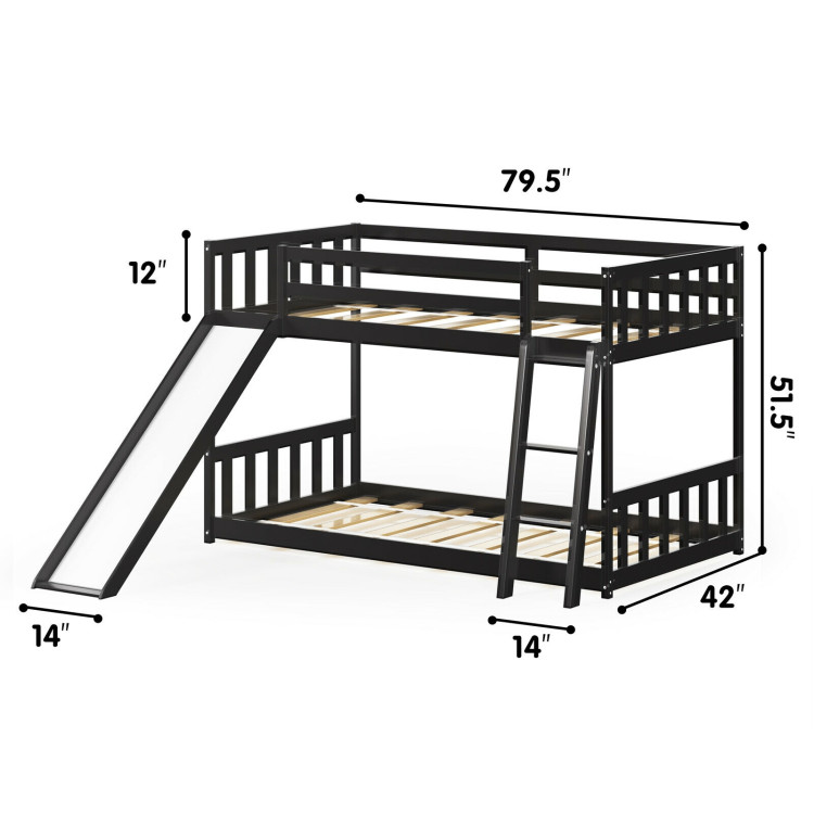 Twin over Twin Bunk Wooden Low Bed with Slide Ladder for Kids-Dark BrownCostway Gallery View 5 of 12