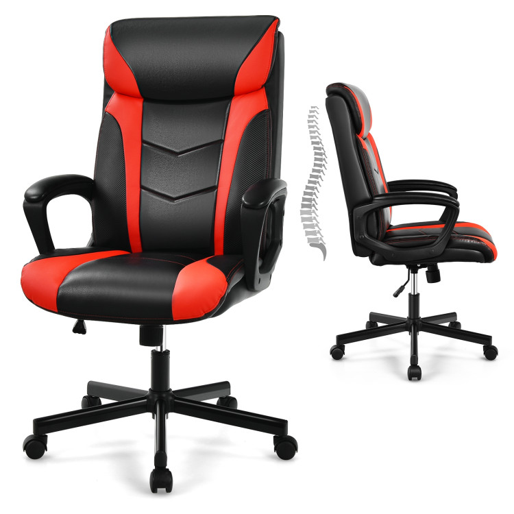 Swivel PU Leather Office Gaming Chair with Padded Armrest-RedCostway Gallery View 10 of 13