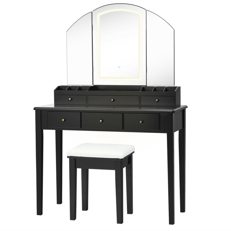 Vanity Table Stool Set with Large Tri-folding Lighted Mirror-BlackCostway Gallery View 4 of 11