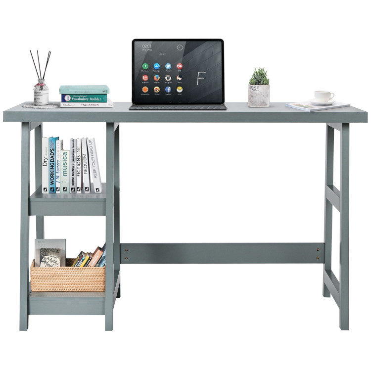 Wooden Trestle Computer Desk with 2-Tier Removable Shelves-GrayCostway Gallery View 8 of 10