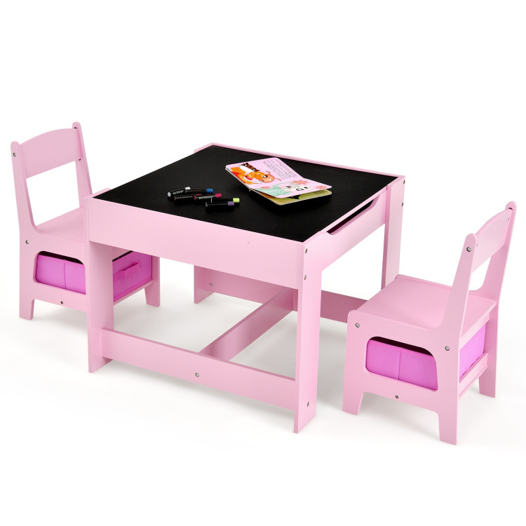 Kids Table Chairs Set With Storage Boxes Blackboard Whiteboard Drawing-PinkCostway Gallery View 1 of 12