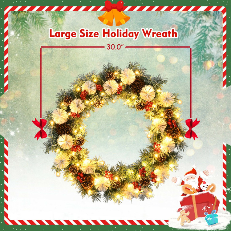 30-Inch Pre-lit Flocked Artificial Christmas Wreath with Mixed DecorationsCostway Gallery View 5 of 11
