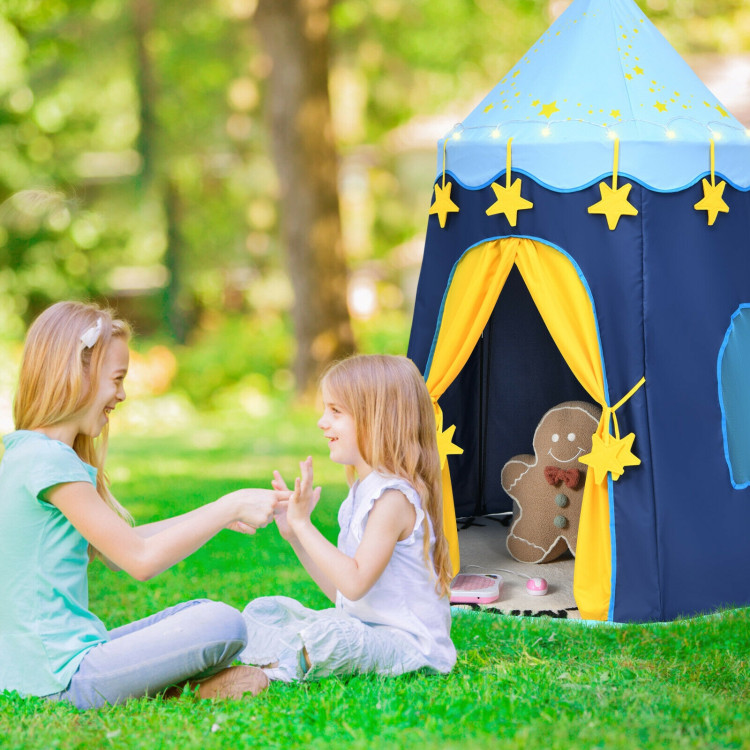 Indoor Outdoor Kids Foldable Pop-Up Play Tent with Star Lights Carry Bag-BlueCostway Gallery View 1 of 12