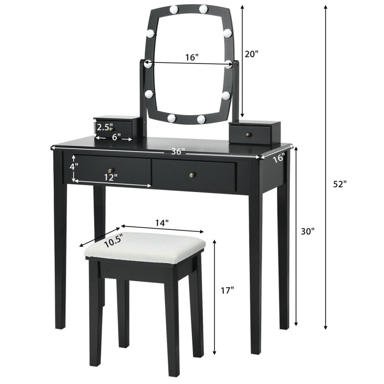 Vanity Table Set with Lighted Mirror for Bedroom and Dressing Room-BlackCostway Gallery View 4 of 10