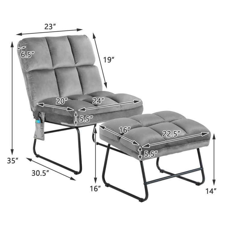 Velvet Massage Recliners with Ottoman Remote Control and Side Pocket-GrayCostway Gallery View 4 of 13