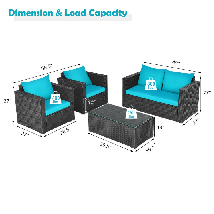 4Pcs Patio Rattan Cushioned Furniture Set-TurquoiseCostway Gallery View 4 of 11