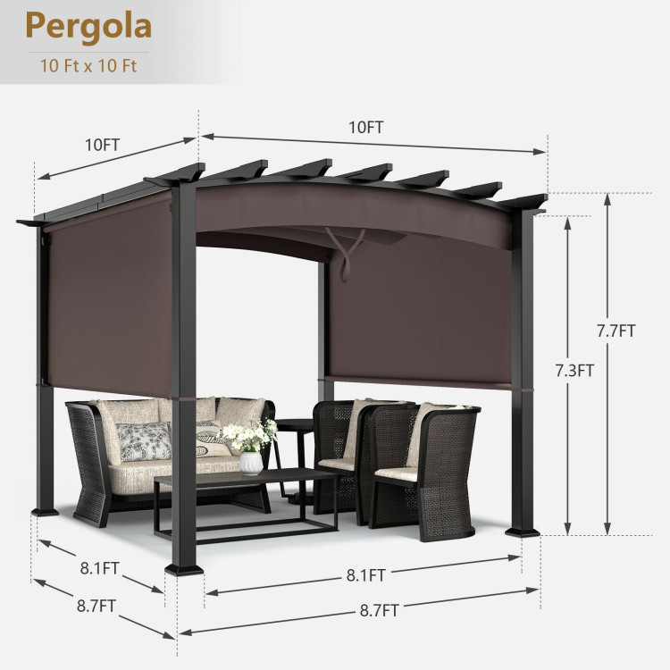 10 x 10 Feet Outdoor Retractable Pergola with Adjustable Sliding Sun Shade Canopy-BrownCostway Gallery View 4 of 10