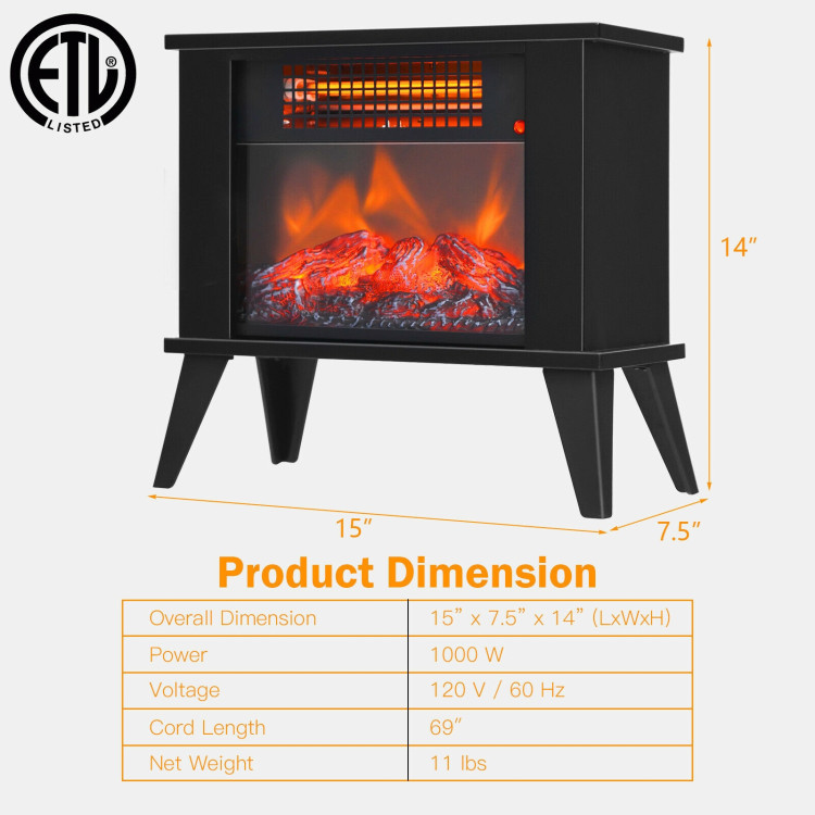 14 Inch Portable Electric Fireplace Heater with Realistic Flame Effect-BlackCostway Gallery View 4 of 12