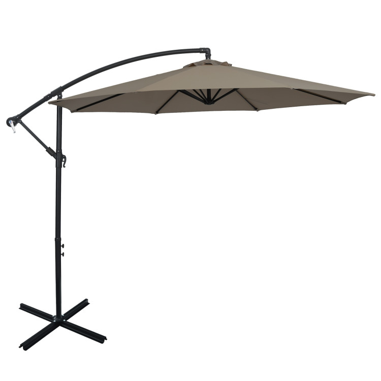 10 Feet Offset Umbrella with 8 Ribs Cantilever and Cross Base-BrownCostway Gallery View 3 of 13