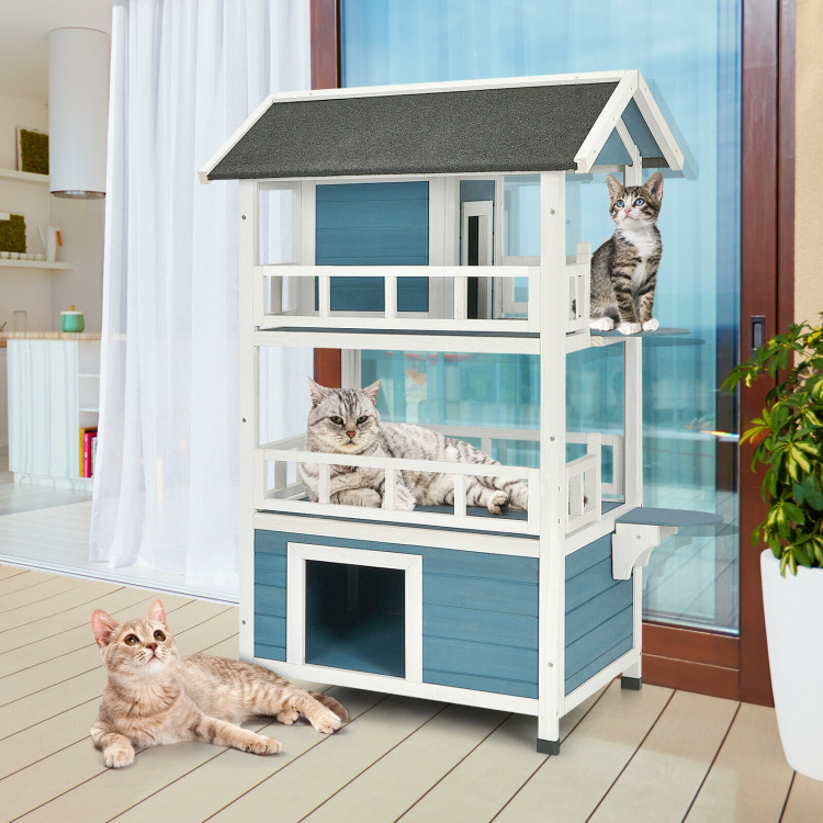 2-Story Outdoor Wooden Catio Cat House Shelter with EnclosureCostway Gallery View 1 of 11