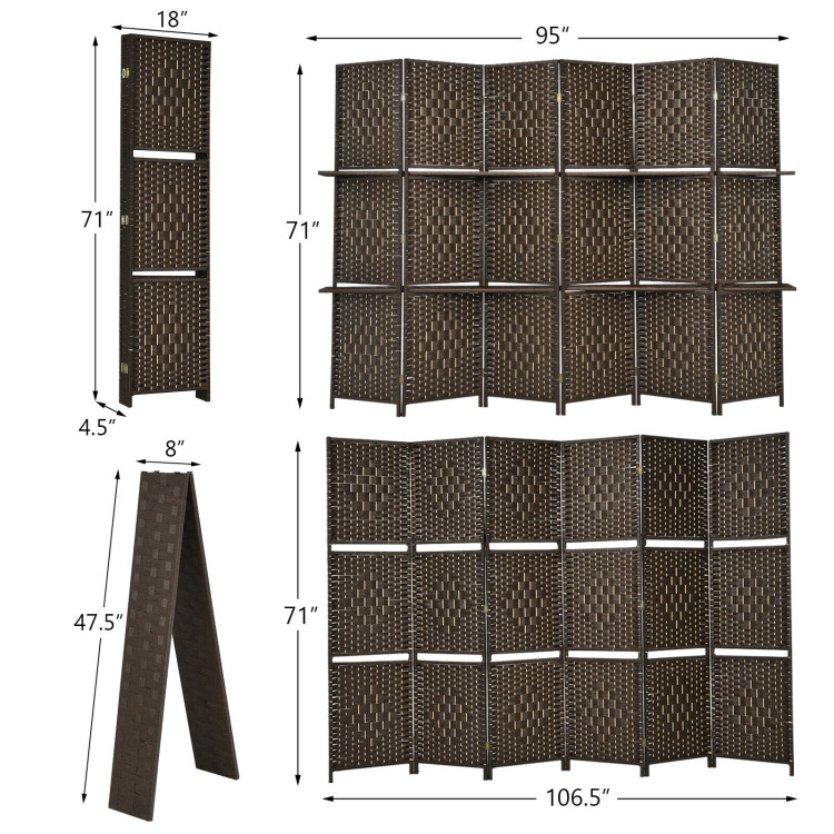 6 Panel Folding Weave Fiber Room Divider with 2 Display Shelves -BrownCostway Gallery View 4 of 11