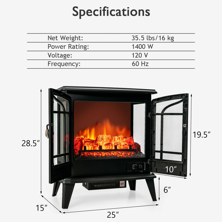 25 Inch Freestanding Electric Fireplace Heater with Realistic Flame effect-BlackCostway Gallery View 4 of 11