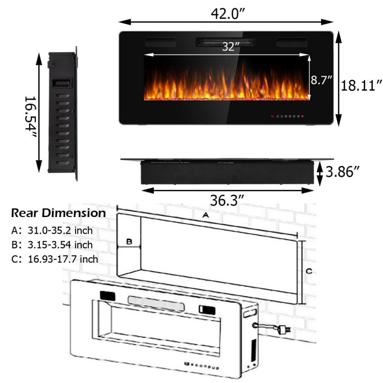 42 Inch Recessed Ultra Thin Electric Fireplace with TimerCostway Gallery View 4 of 13