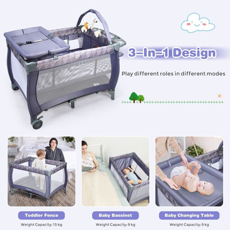 Portable Foldable Baby Playard Nursery Center with Changing Station-GrayCostway Gallery View 7 of 9