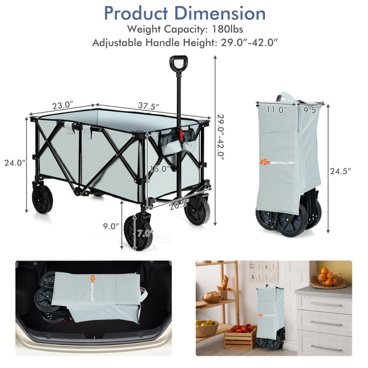 Outdoor Folding Wagon Cart with Adjustable Handle and Universal Wheels-GrayCostway Gallery View 4 of 10