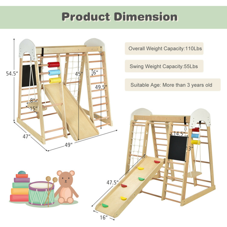 Indoor Playground Climbing Gym Wooden 8-in-1 Climber Playset for Children-NaturalCostway Gallery View 5 of 10