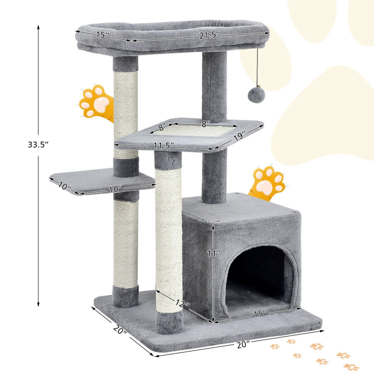 Cat Tree with Perch and Hanging Ball for Indoor Activity Play and Rest-GrayCostway Gallery View 4 of 10