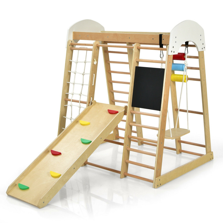 Indoor Playground Climbing Gym Wooden 8-in-1 Climber Playset for Children-NaturalCostway Gallery View 4 of 10