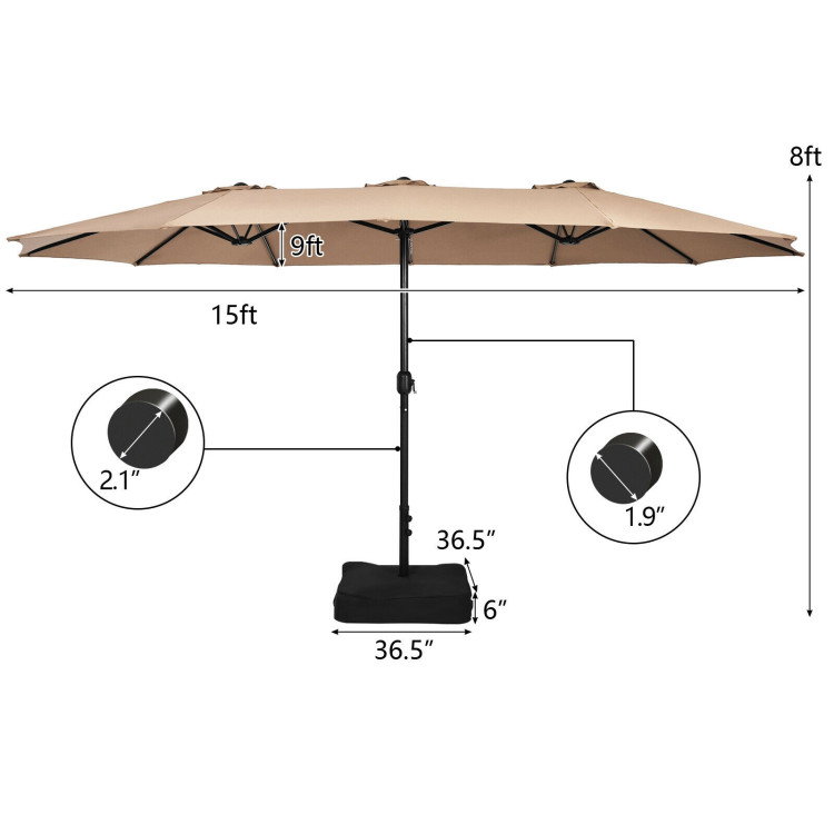 15 Feet Double-Sided Twin Patio Umbrella with Crank and Base-BrownCostway Gallery View 5 of 11