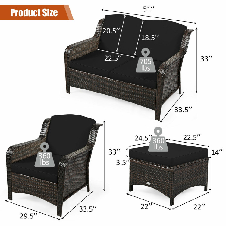 5 Pieces Patio Rattan Sofa Set with Cushion and Ottoman-BlackCostway Gallery View 4 of 12