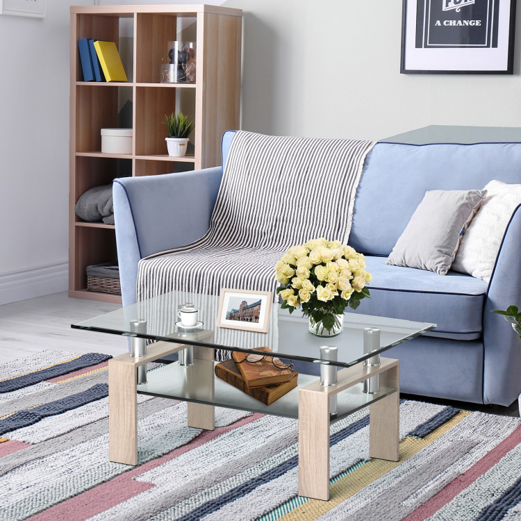 Rectangle Glass Coffee Table with Metal Legs for Living Room-NaturalCostway Gallery View 1 of 10